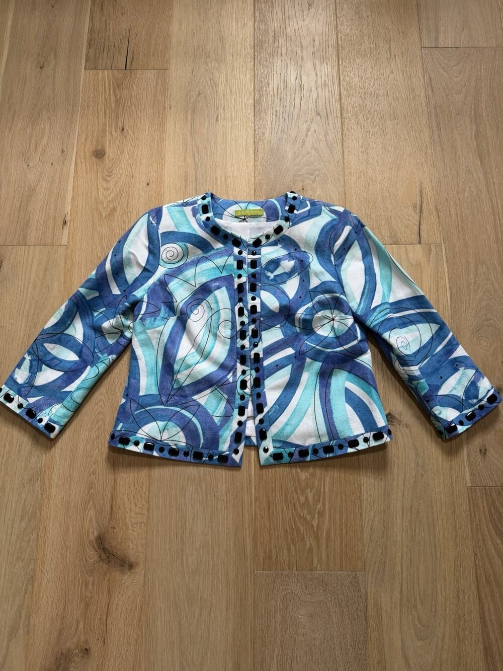 Sigrid Olsen Blue Printed Beaded Jacket Short Linen Blend Career Workwear Size 2